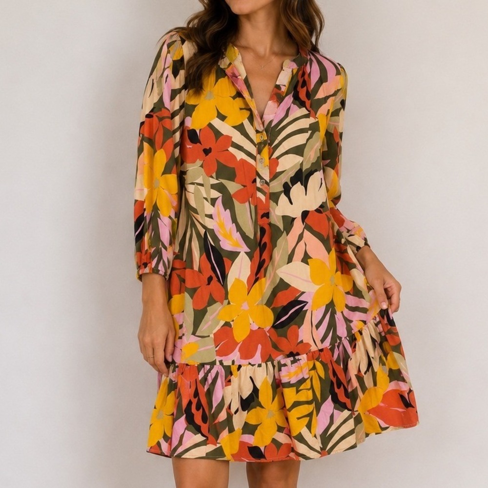LOFT Tropical Floral Tiered Dress Small Cotton Rayon Blend Long Sleeve